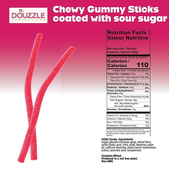 DOUzzle Valentines Day Sweet Treats, Sour Sticks Chewy Candy Straws Wild Cherry (1.8 OZ - 1 Pack) Goodie Bag Stuffer, Pinata Filler - Kosher Parve
