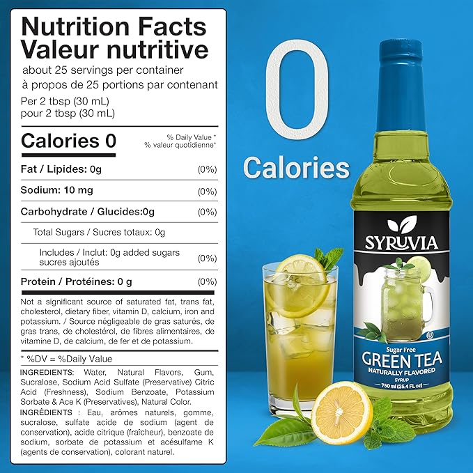 Syruvia Sugar Free Green Tea Flavored Syrup for Drinks, Cocktails, Lemonades, Iced Teas and Desserts – 25.4 fl oz