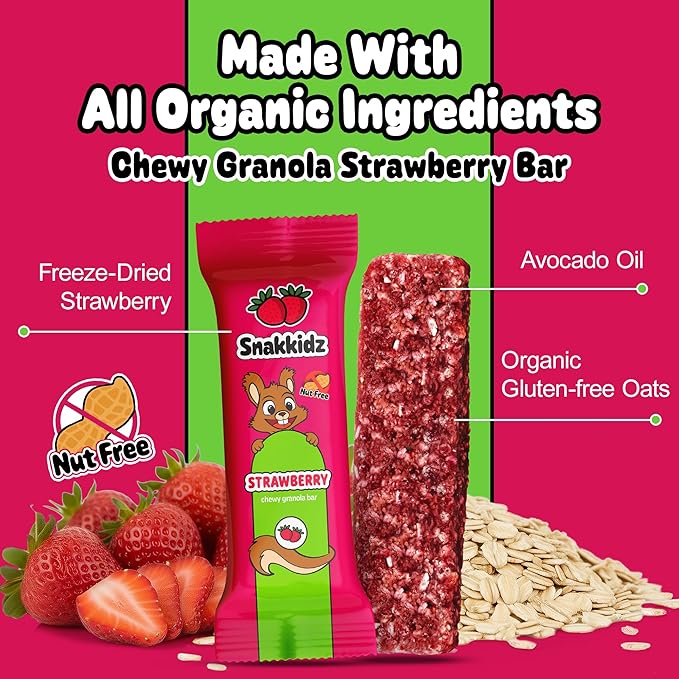 Snakkidz Organic Chewy Granola Bars for Kids, Allergen-Free, Nut-Free, Gluten-Free, Low Sugar Snack Bars Made with Avocado Oil, Individually Wrapped, School Lunch Snacks, Bulk Pack of 15, Strawberry