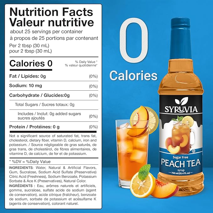 Syruvia Sugar Free Peach Tea Flavored Syrup for Drinks, Cocktails, Lemonades, Iced Teas and Desserts – 25.4 fl oz