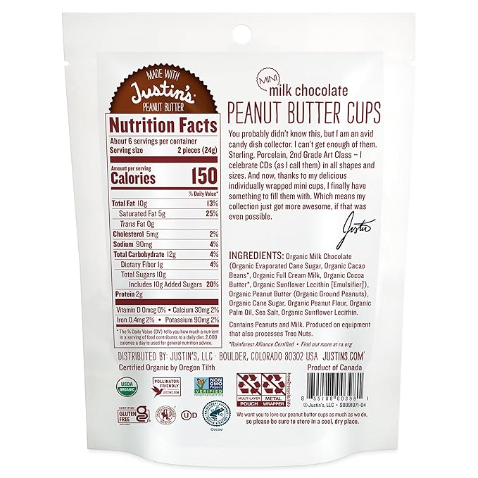 Justin's Organic Mini Milk Chocolate Peanut Butter Cups, Rainforest Alliance Certified Cocoa, Gluten-free, Responsibly Sourced, 6 Stand-up Bags, 4.7oz each