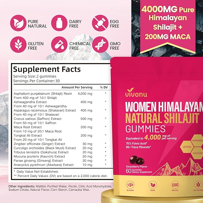 VivoNu Shilajit for Women, Contains Tongkat Ali, Ashwagandha*, Ginger, Saffron for hormonal* Balance & Energy | Tasty Shilajit Strawberry Flavor with Pure Himalayans Shilajitn* (1 Bag)