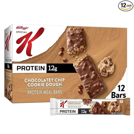 Special K Bar Protein Meal Bars, 12g Protein Snacks, Meal Replacement, Chocolatey Chip Cookie Dough, 19oz Box (12 Count)