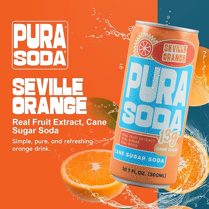 PuraSoda® Seville Orange | Low-Calorie, Cane Sugar Soda, Beverage | Non-GMO, Vegan | Made with Pure Cane Sugar, Clean & Refreshing | 10.1 fl oz (300ml) Cans, Pack of 24
