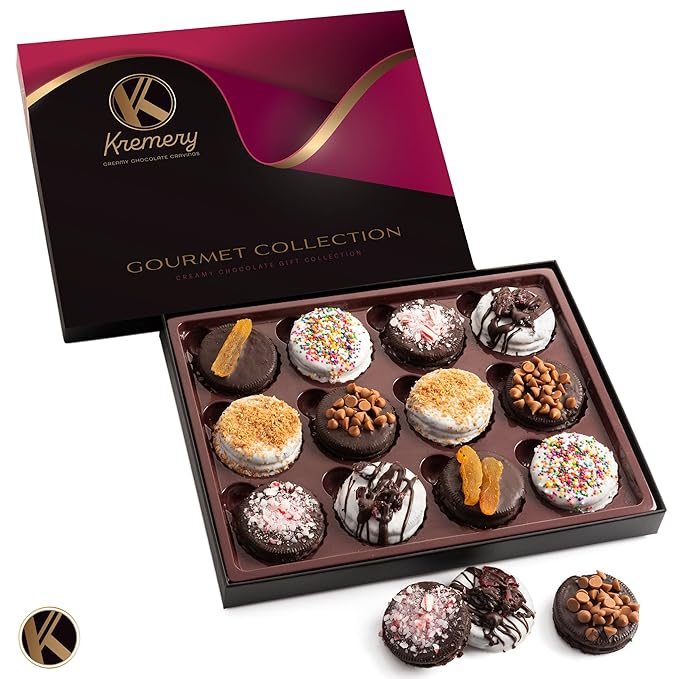 KREMERY Creamy Chocolate Cravings - Valentines Day Chocolate Covered Sandwich Cookies & Cream Gift Basket, in Elegant Gift Box (12 Cookies, Assorted Sweet Toppings) Sweet Treats, Kosher