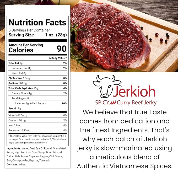 Jerkioh Spicy Curry Premium Beef Jerky – Authentic Vietnamese Street Food Flavor | High-Protein, Low-Fat Beef Snack | Tender Gourmet Strips with Bold Chili Heat | Healthy On-the-Go Protein Snack Pack (5oz)