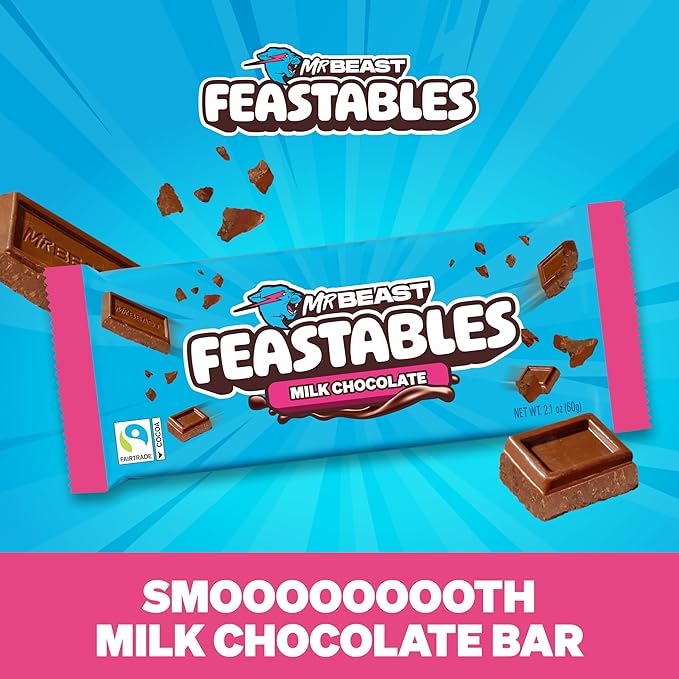 Feastables MrBeast Milk Chocolate Chocolate Bar, King Size Candy Bar for Adults & Kids, Candy Bars for Snacks, Gifts, or Dessert, Sweet & Creamy Fairtrade Cocoa, 2.1 Oz Each, 10 Count