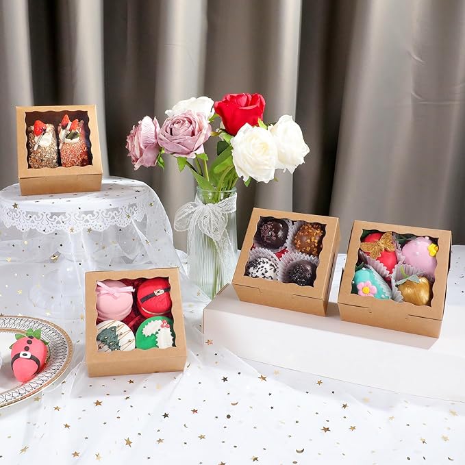 JCXGRVC 100 Pack Cookie Boxes with Window 4x4x2 Inch,Bakery Boxes, Chocolates Strawberries,Treat Boxes, Mini Cake Boxes, Pastry Dessert Boxes for Candy, Cupcakes- Brown Paper