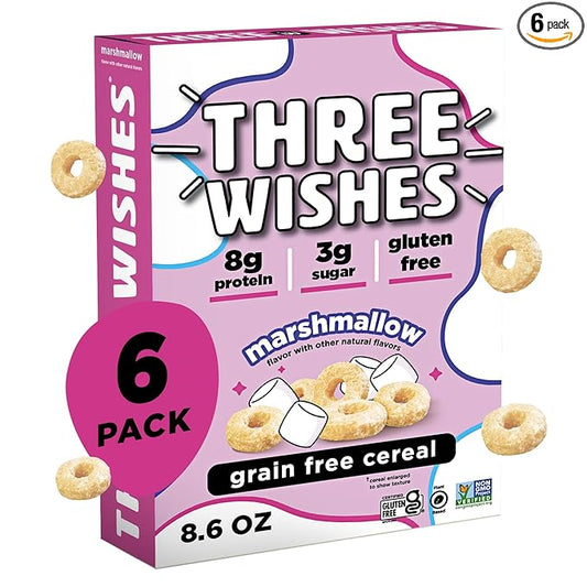 Three Wishes Grain-Free & Protein Cereal - Healthy, Low Sugar & Gluten-Free Breakfast Cereal - Low Carb, Plant-Based, Vegan & Non-GMO - Marshmallow, 6-Pack