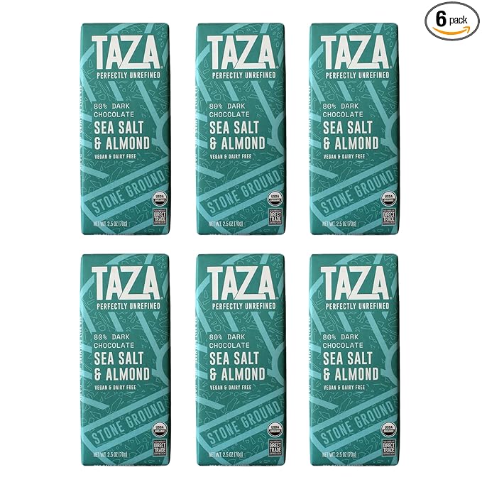 Taza Chocolate Organic Amaze Bar 80% Stone Ground, Sea Salt Almond, 2.5 Ounce (6 Count), Vegan