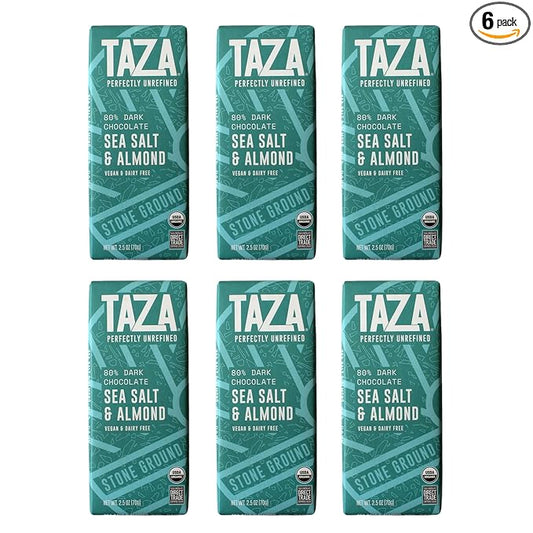 Taza Chocolate Organic Amaze Bar 80% Stone Ground, Sea Salt Almond, 2.5 Ounce (6 Count), Vegan