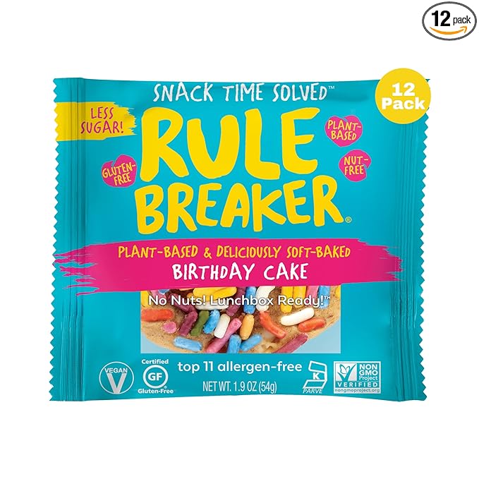 Rule Breaker Vegan & Gluten Free Cookies | Birthday Cake | Plant-Based, Nut-Free, Top 11 Allergen-Free | Great for School, Office | Soft-Baked, Individually Wrapped (Pack of 12)