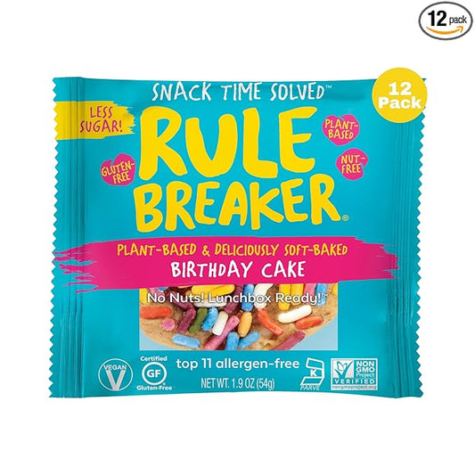 Rule Breaker Vegan & Gluten Free Cookies | Birthday Cake | Plant-Based, Nut-Free, Top 11 Allergen-Free | Great for School, Office | Soft-Baked, Individually Wrapped (Pack of 12)