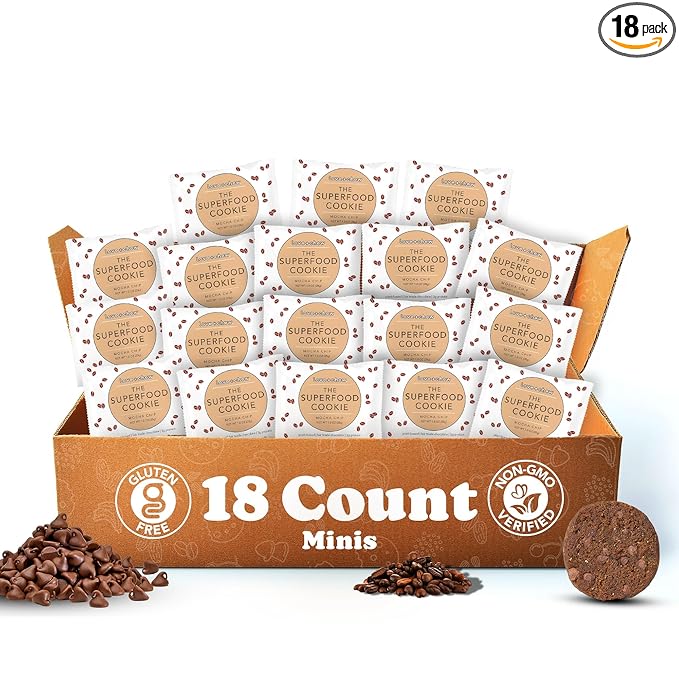 Love + Chew Mini Vegan Cookies, Gluten Free, 3g Plant Based Protein Per Cookie with Dark Chocolate and Coffee, Healthy Snacks for Adults, Individually Wrapped Cookies, Mocha Chip, 18 Pack