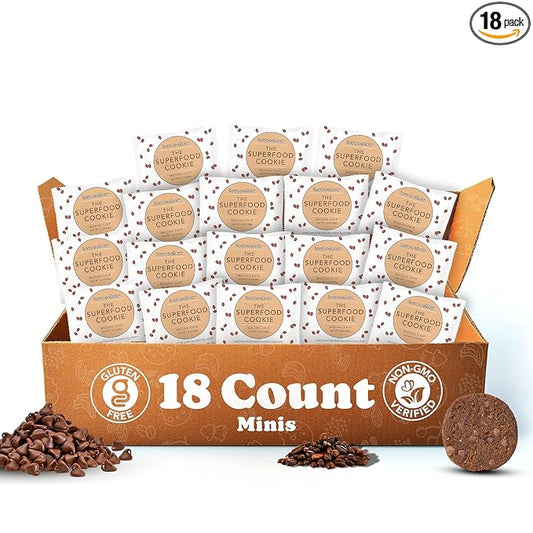 Love + Chew Mini Vegan Cookies, Gluten Free, 3g Plant Based Protein Per Cookie with Dark Chocolate and Coffee, Healthy Snacks for Adults, Individually Wrapped Cookies, Mocha Chip, 18 Pack
