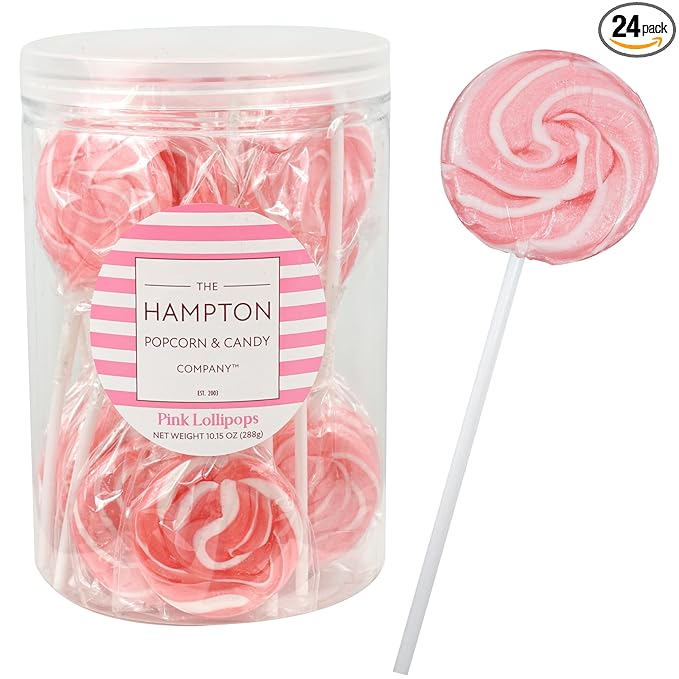 Pink Lollipops, 24 Pack, Pink Swirl Lollipops Individually Wrapped, Pink Lollipop Suckers Bulk, The Hampton Popcorn & Candy Company