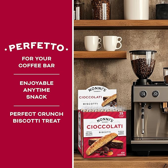 Nonni's Cioccolati Dark Chocolate Almond Biscotti Cookies – Individually Wrapped Italian Coffee Snack, Crunchy Twice-Baked, 90 Cal Each, 21.5 oz Carton, 4 Pack