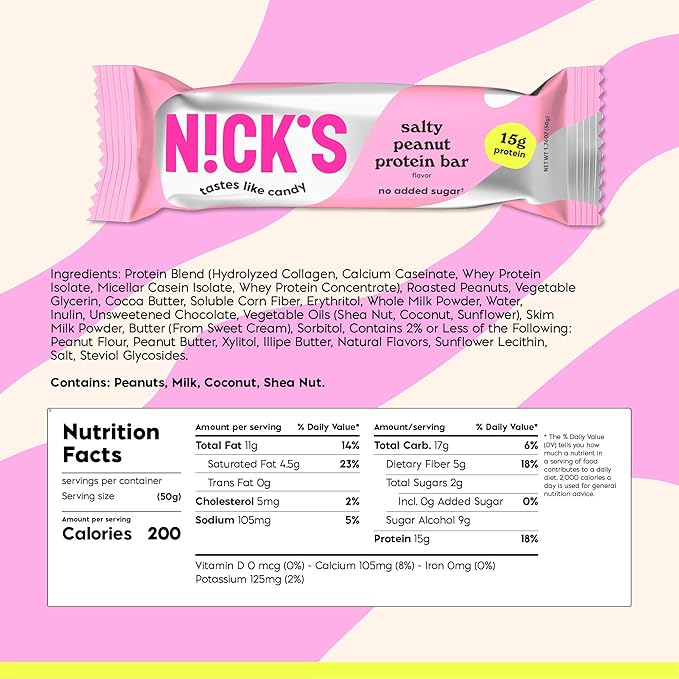 NICKS Protein Bars Salty Peanut Chocolate – 12-Count Box | 15g protein | 200 calories | Protein-Packed Snack, Low Calories, Low Carbs, Keto Friendly, No Added Sugar