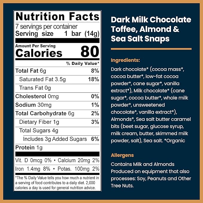 Chocxo Dark Milk Chocolate Toffee, Almond & Sea Salt Snaps - Lower Sugar, 69% Organic Cacao, NonGMO, Keto, Gluten Free, Kosher. No Artificial Sweeteners/Sugar Alcohols, 3.45 oz (Pack of 6)