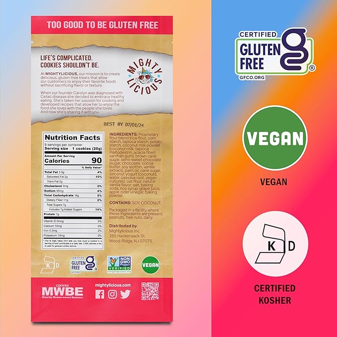MIGHTYLICIOUS Vegan Chocolate Chip Cookies – Gluten-Free, Dairy-Free, Allergen Friendly, Egg-Free, Non-GMO, Kosher, Preservative-Free – Snack Option for a Guilt-Free Treat - 6.5 Oz (3 Pack)