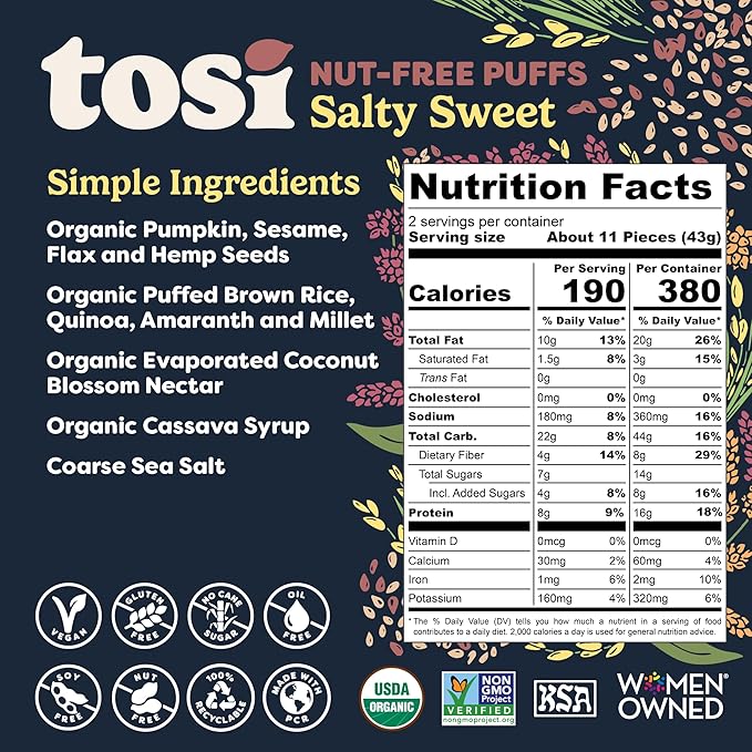 Tosi Crispy Puffs (3oz, 4 Pack), Vegan Crunchy Snacks, 8g Plant Based Protein, Nut-Free, Allergen Friendly, Healthy Snacks for Adults & Kids, Gluten Free Treats, Ancient Grains (Salty Sweet)