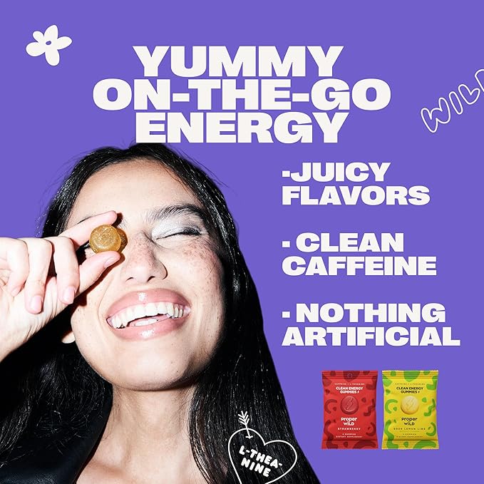 Proper Wild Vegan Energy Gummies with L-Theanine & Organic Caffeine, Clean Energy & Focus, Plant-Based, Gluten-Free, Non-GMO, Dairy-Free, Stevia-Free, Soy-Free, Sour Lemon Lime (10-Pack)