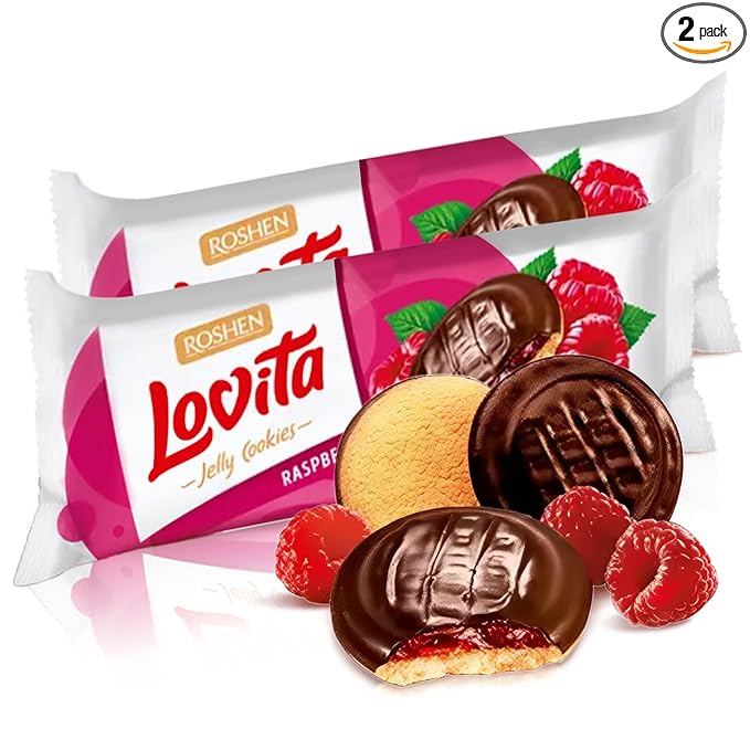 Roshen Lovita Cookies with Raspberry Jelly Filling, 4.76 oz, Golden Biscuit with Bright Raspberry Jelly & Smooth Chocolate Glaze, European Gourmet Cookies, Pack of 2