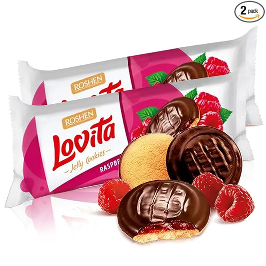 Roshen Lovita Cookies with Raspberry Jelly Filling, 4.76 oz, Golden Biscuit with Bright Raspberry Jelly & Smooth Chocolate Glaze, European Gourmet Cookies, Pack of 2