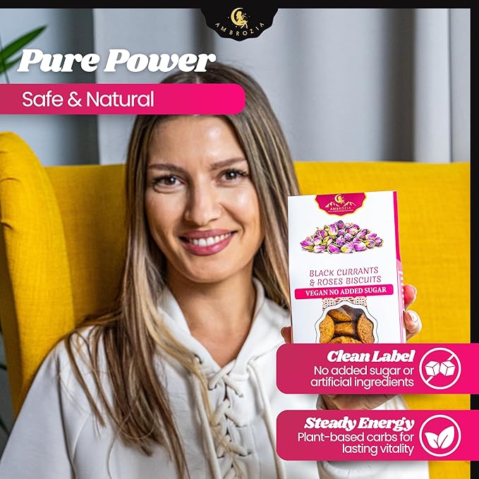 Ambrozia Vegan Snack Biscuits – Blackcurrant & Rose - Soft Baked, No Added Sugar, Clean Label, High Fiber & Wholesome Ingredients, Kid-Friendly, Healthy Snacks for Active Lifestyles, 4.58 Oz