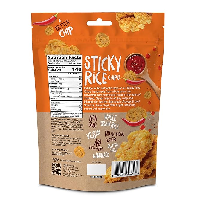Woodridge Snacks | Sticky Rice Chips | Sriracha Flavor | 6 Pack | 2.47 OZ (70g) Bags