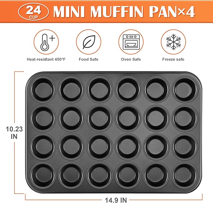 E-far 4 Pack Mini Muffin Pan 24-Cup - Nonstick Carbon Steel Cupcake Tin Tray for Little Bites & Freezer Prep | Warp-Free Bakeware Ensures Even Baking & Effortless Release, Regular Size & Oven Safe