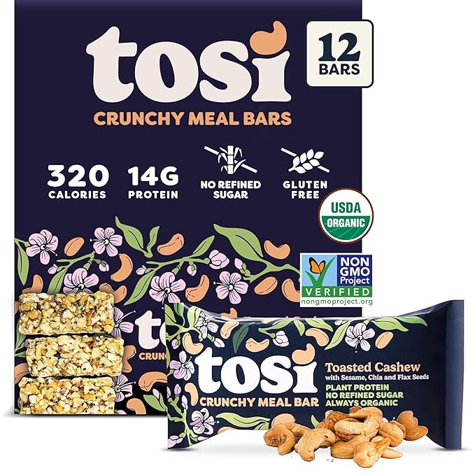 Tosi Meal Nut Bars, Cashew, Healthy Snacks for Adults & Kids, Crunchy Plant Based Protein Bar (14G), Keto Snacks, Vegan, Gluten & Soy Free, Low Sugar, Omega 3s, 2.4oz, 12-Pack