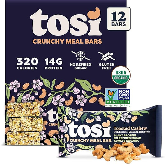 Tosi Meal Nut Bars, Cashew, Healthy Snacks for Adults & Kids, Crunchy Plant Based Protein Bar (14G), Keto Snacks, Vegan, Gluten & Soy Free, Low Sugar, Omega 3s, 2.4oz, 12-Pack