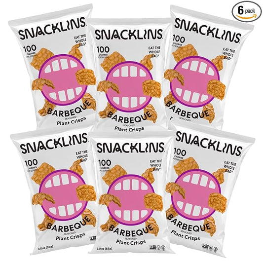 SNACKLINS Plant Based Crisps - Vegan Healthy Snacks - Gluten Free, Grain Free, 100% Kosher For Passover, Low Calorie - No Added Sugar, Crunchy, Puffed Snack - Barbeque - 3oz Bag (6 Pack)