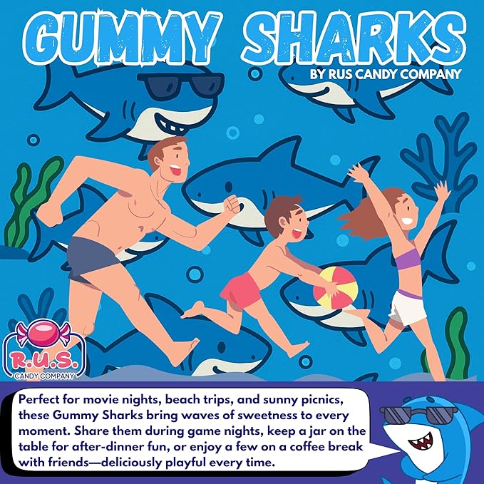 Blue Gummy Sharks- 1 Pound Bag | R.U.S. Candy Company | Chewy Fruity Candy | Fun Ocean-Themed Treats for Parties, Candy Buffets & Movie Nights (1 Pound)
