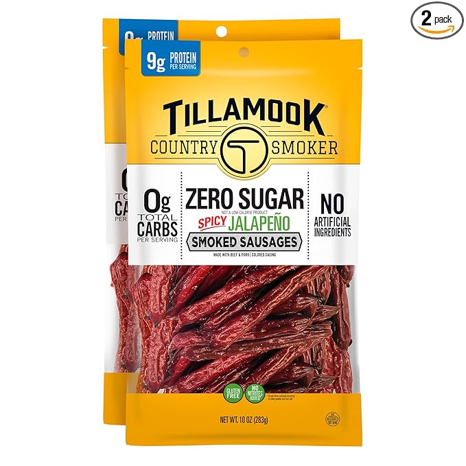 Tillamook Country Smoker Zero Sugar Spicy Jalapeño Keto Friendly Smoked Sausages, 10 Ounce (Pack of 2)