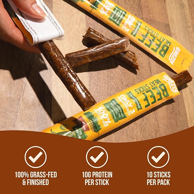 Grazly Grass-Fed Beef Sticks – Made with Only Beef, Spring Salt & Collagen Casing – Clean, High-Protein Snack w/ 10g Protein Per Stick (1 oz, 10 Pack)