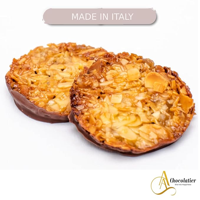 Andy Anand Dark Chocolate Florentines 24 pcs Orange and Almonds Cookies, Wafer Thin, Flown in from Italy, Made in Authentic Traditional Italian way, Taste in Every Bite (7.0 oz)