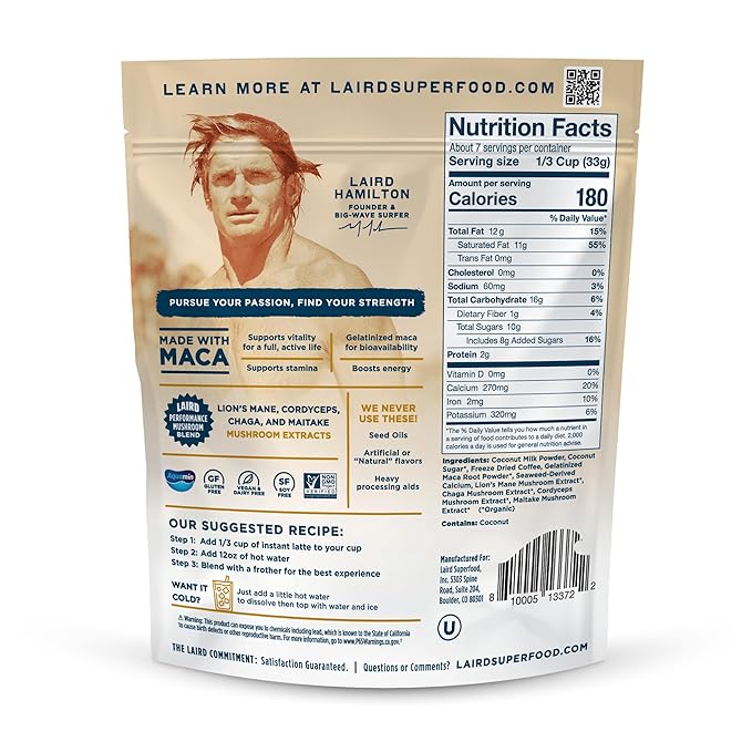Laird Superfood Maca Instant Latte, Non-Dairy, Sweet & Creamy, Superfood Creamer, Gluten Free, Non-GMO, Vegan, 8 oz. Bag, Pack of 1