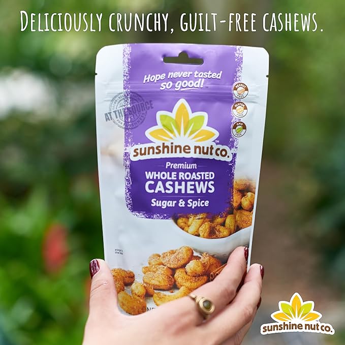 Sunshine Nut Company Whole Roasted Lightly Salted Cashews, Sugar and Spice Flavor, 2 Pack, 7 oz. Each, Gluten Free, Peanut Free and Vegan Individual Snack Packs for Kids and Adults, GMO Free