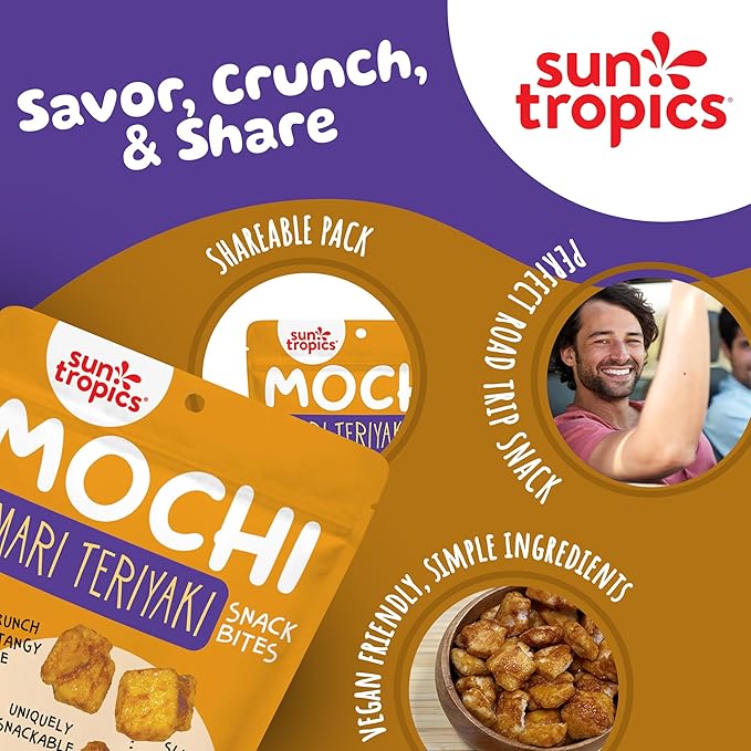 Sun Tropics Mochi Snack Bites Tamari Teriyaki Flavor, 3.5 oz (Pack of 6) | Crispy Crunchy Mochi Rice Bites | Gluten Free, Dairy Free, No MSG Added Asian Rice Snacks