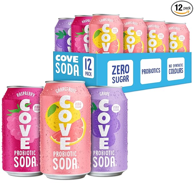 Cove Probiotic Soda, Zero Sugar Better-For-You Alternative - Refreshing, Delicious Probiotic Drink, Naturally Sweetened & Caffeine Free - Fruity Flavors, 12 Pack - Raspberry, Grapefruit, & Grape
