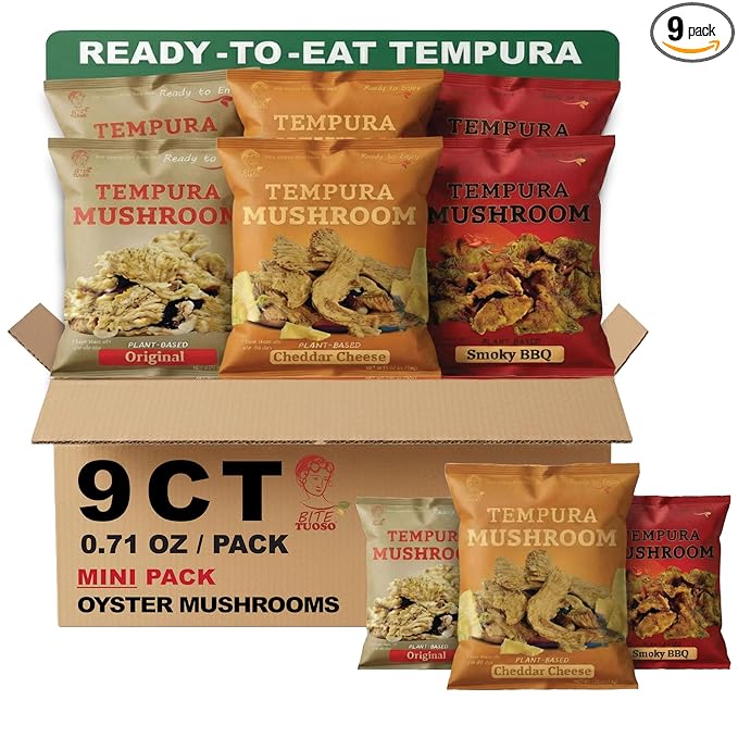 BITETUOSO Mini Pack Tempura Oyster Mushrooms – Ready-to-Eat Crispy Snack (9-Pack), Variety Pack for Kids & Adults – Gourmet Plant-Based Snack Chips in Original, BBQ, and Cheddar Cheese Flavors
