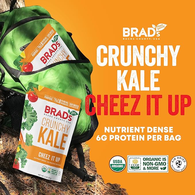 Brad’s Plant-Based - Organic Crunchy Kale Chips - Healthy Snack with Sea Salt - High in Plant-Based Protein & Fiber - Low Carb, Organic Veggie Chips - Cheez It Up - 2 Oz (Pack of 3)