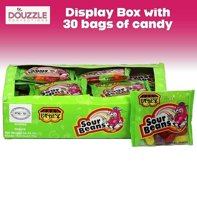 DOUzzle Valentines Day Sweet Treats, Sour Jelly Beans Chewy Candies, Mini Packs (30 Count, 1 Pack) Individually Wrapped, Party Favor, Goodie Bag & Pinata Filler - Kosher Parve
