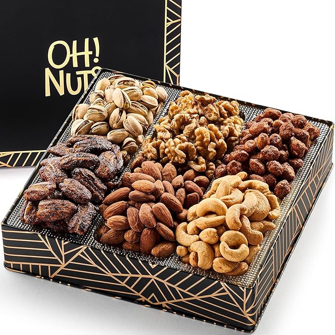 Oh! Nuts 6 Section Nuts Gift Basket - Gourmet Assorted Nut Gifts Baskets - Healthy Nuts Gift Square Metal Tin Box - Premium Food Gift for Birthday, Holiday, Movie Night, Corporate, Men & Women