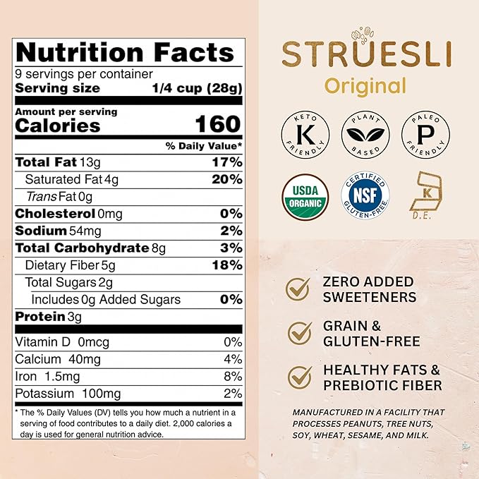 Struesli Original Organic Granola, Grain & Gluten Free, Healthy Snacks with Chia Seeds, Nuts and Sea Salt, Prebiotic High Fiber Food for Yogurt, Cereal & More, Plant Based, Keto & Paleo Friendly, 9 Oz