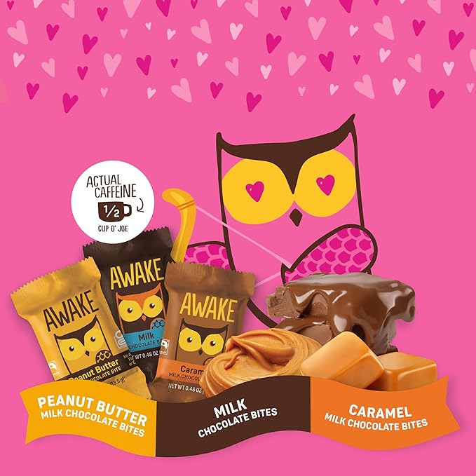 AWAKE - Caffeinated Chocolate Bites - 50mg Caffeine per bite - Bite Me, Baby! Variety Pack (3 Flavors), 50 Count, 0.48oz each - Peanut Butter, Milk, & Caramel - Coffee Alternative - Fairtrade, Gluten Free, Non GMO