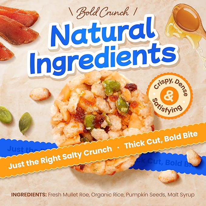 Befanty Thick Mullet Roe Rice Crackers with Pumpkin Seeds, Baking Fish Flavored Crisps, Premium Asian Crispy Crunch, Low Sodium, Gift Box, 16 Pieces, 4.5 Ounce