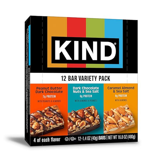 KIND Nut Bars, Variety Pack, Dark Chocolate Nuts & Sea Salt, Peanut Butter Dark Chocolate, and Caramel Almond Sea Salt, Gluten Free, Low Sugar, 5-7g Protein, 12 Count